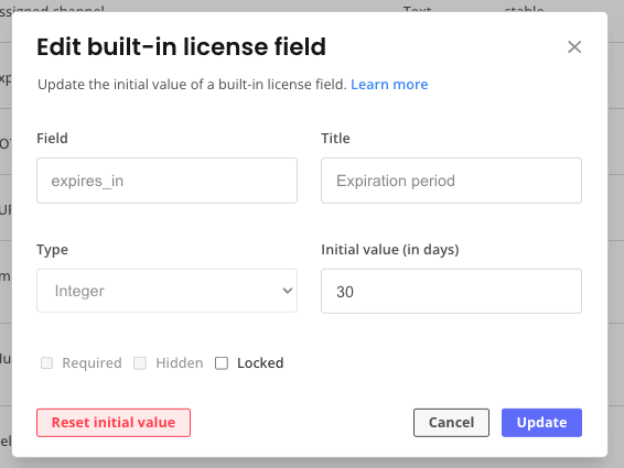 Edit license field dialog